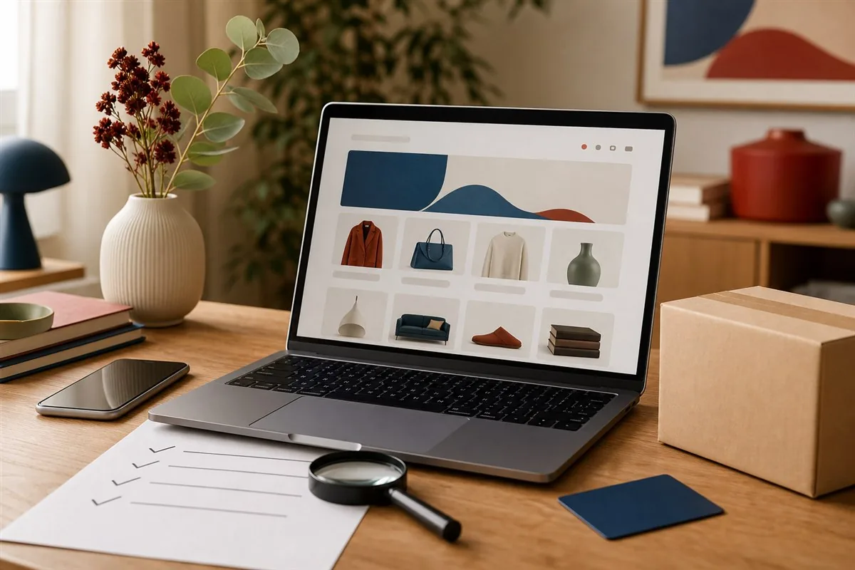 Ordinateur, colis et liste de contrôle pour vérifier une boutique en ligne avant achat