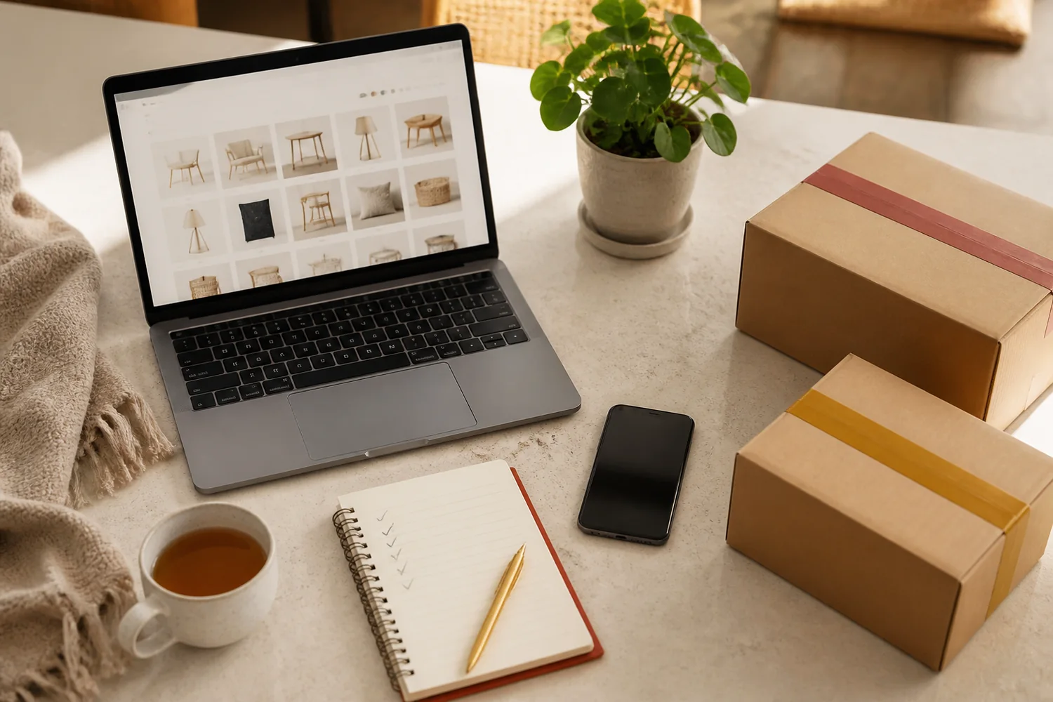 Ordinateur, colis et carnet de vérification pour préparer un achat en ligne