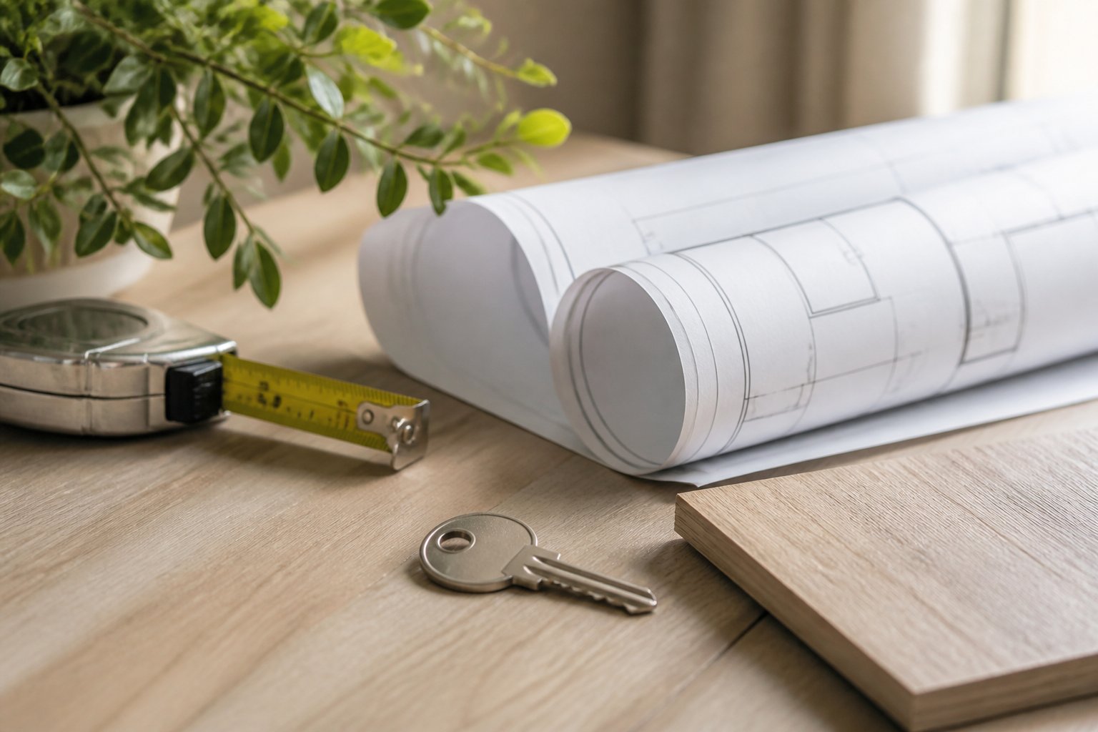 Clé, plan et matériaux pour illustrer l’univers immobilier