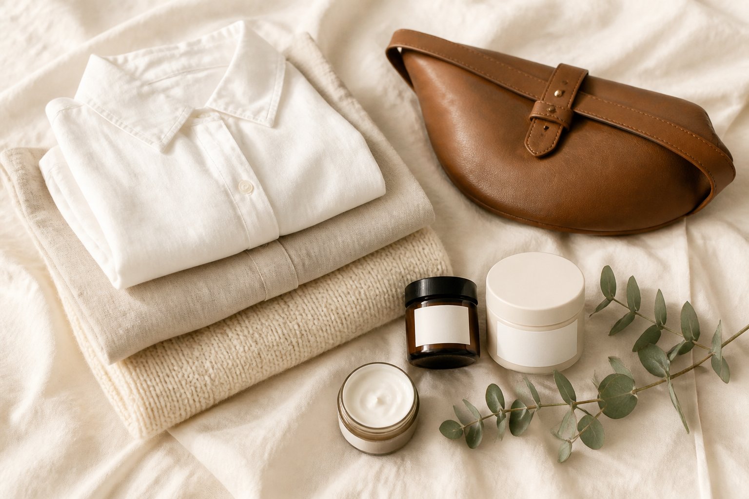 Vêtements, accessoires et soins non marqués pour illustrer l’univers mode et beauté